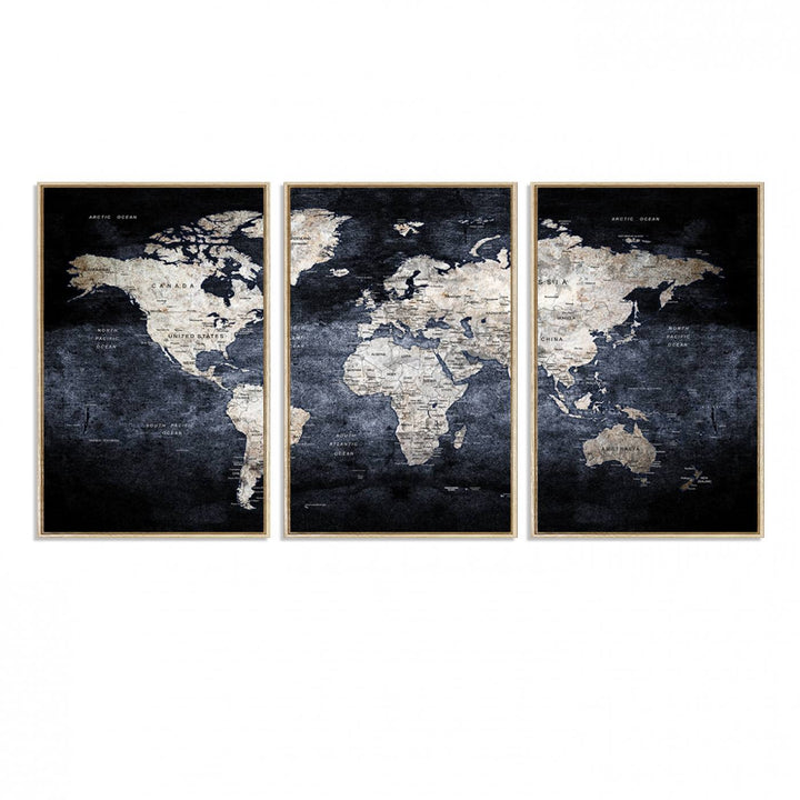 Rustic Black and Bronze World Map Canvas Triptych features white continents on a grunge-stained background.