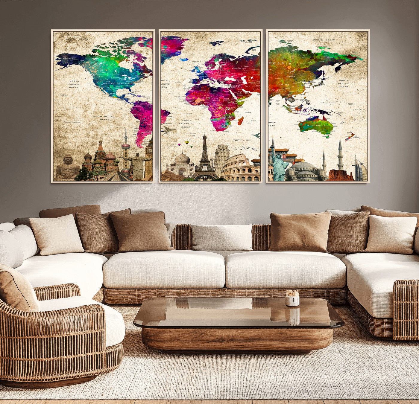 MGV-FC-60X30-3P - Push Pin World Map Canvas Print – Framed Wall Art for Couples to Track Their Travels – Anniversary