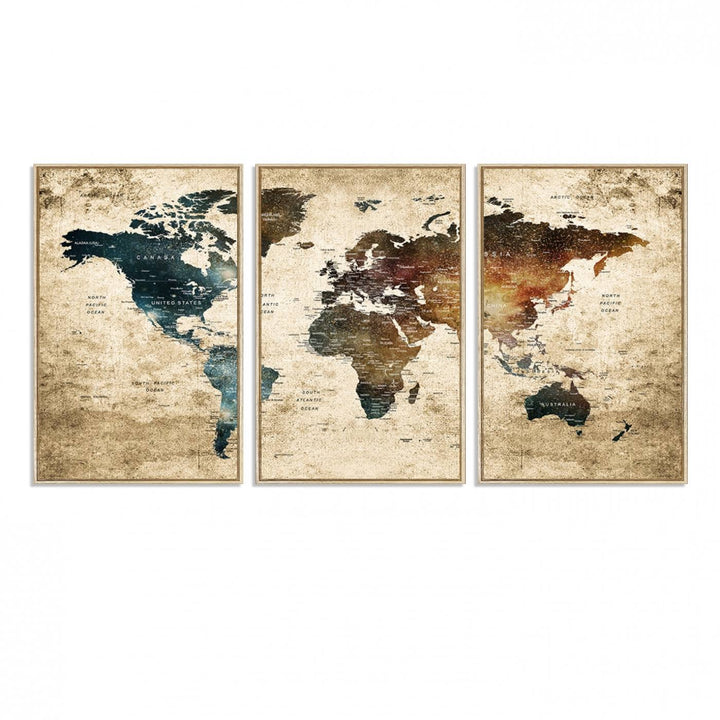 Grunge World Map Canvas featuring earth-toned continents, suitable for study, office, or living room.