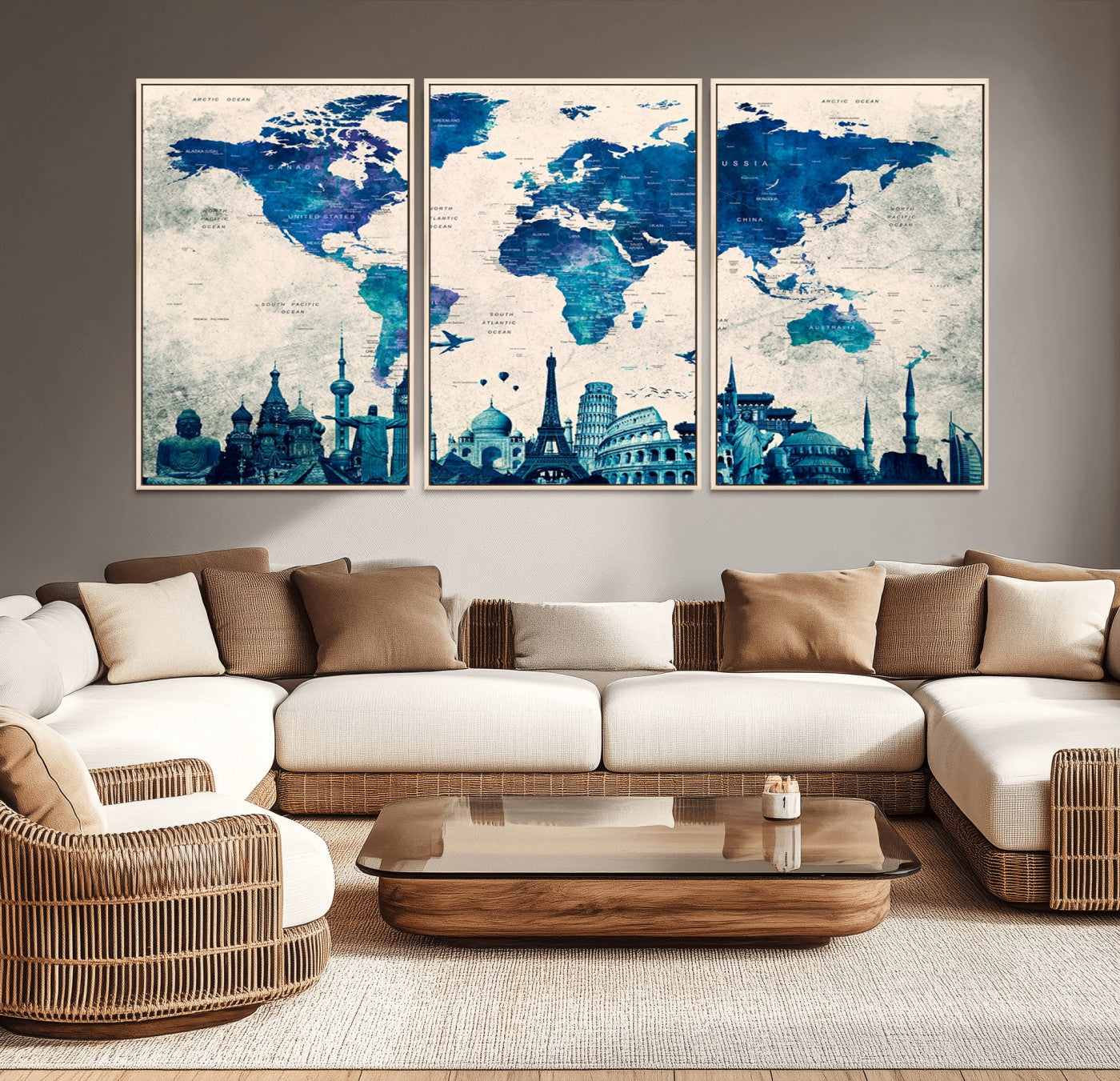 13588-MGV-CV-36X24-Navy Blue World Map Canvas Print – Framed Push Pin Travel Map Wall Art, Elegant Adventure Decor for Home or Office