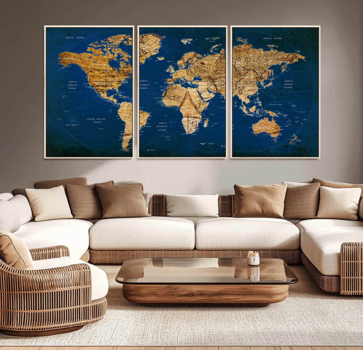 50845-MGV-CV-36X24-Navy Blue and Gold World Map Canvas Print – Framed Luxury Push Pin Wall Art, Elegant Vintage Travel Map Decor for Home or Office