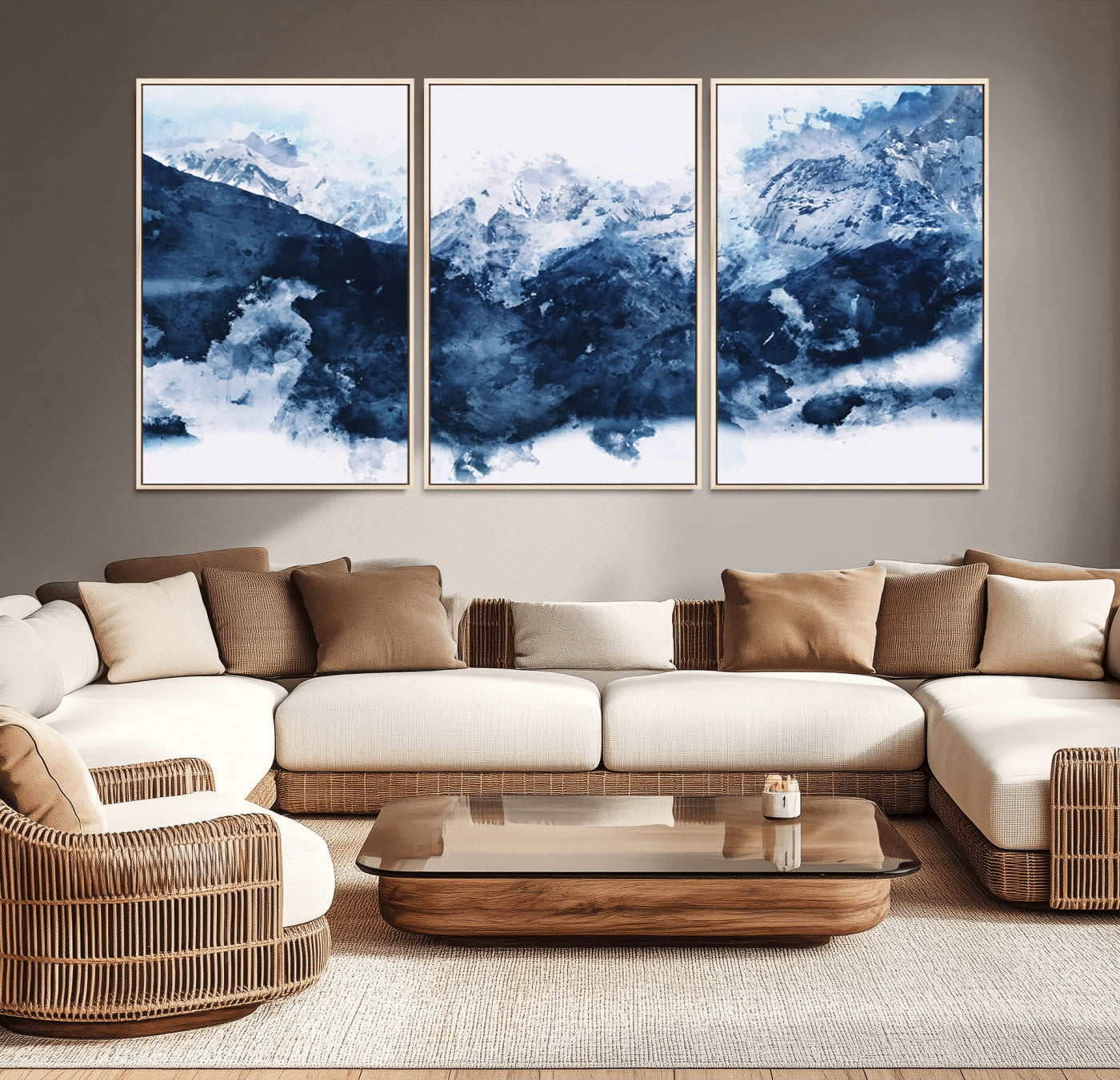 81700-MGV-CV-36X24-Abstract Blue Mountain Canvas Wall Art – Modern Triptych Landscape Print – Contemporary Nature Decor