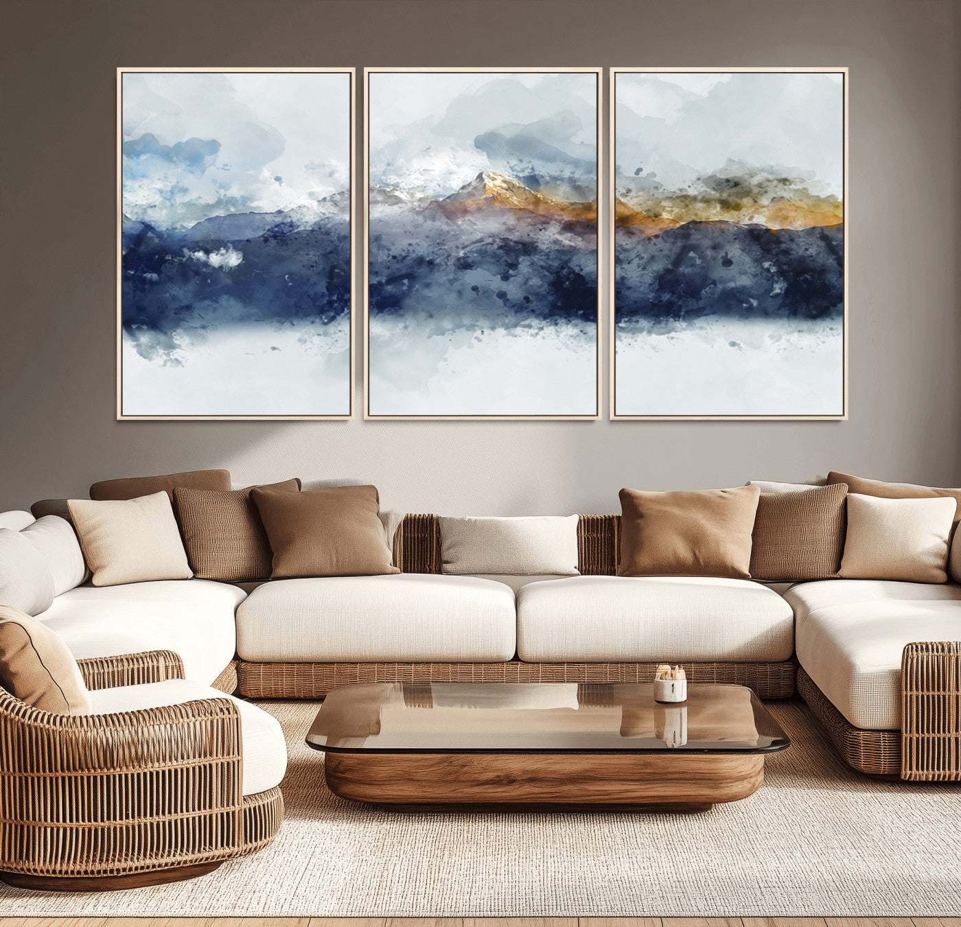 89149-MGV-CV-36X24-Abstract Mountain Range Art Canvas Print | 3 Panel Watercolor Landscape for Living Room, Office, or