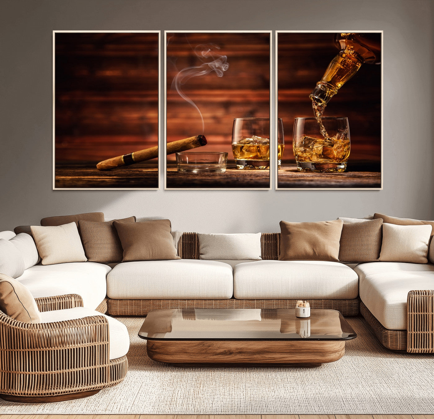 91042-MGV-CV-36X24-Whiskey and Cigar Wall Art Canvas | 3 Panel Bar Room Decor for Home Lounge, Office, or Man Cave |