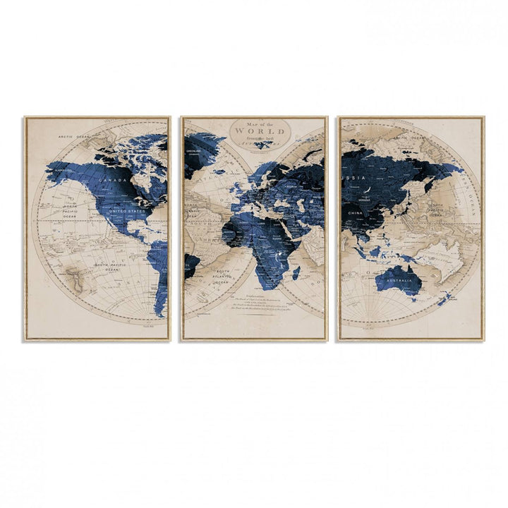 The Vintage Triptych Map Print is a grunge-stained blue and beige world map, perfect for enhancing wall decor.