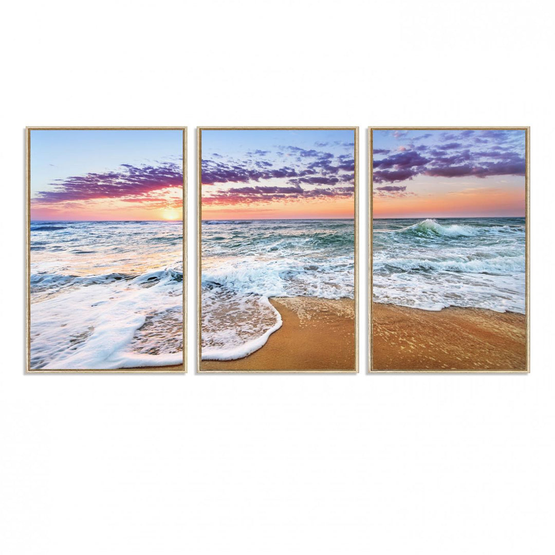 The Coastal Sunset Art Canvas Print features ocean waves beneath a vibrant sky in a stunning 3-panel seascape.