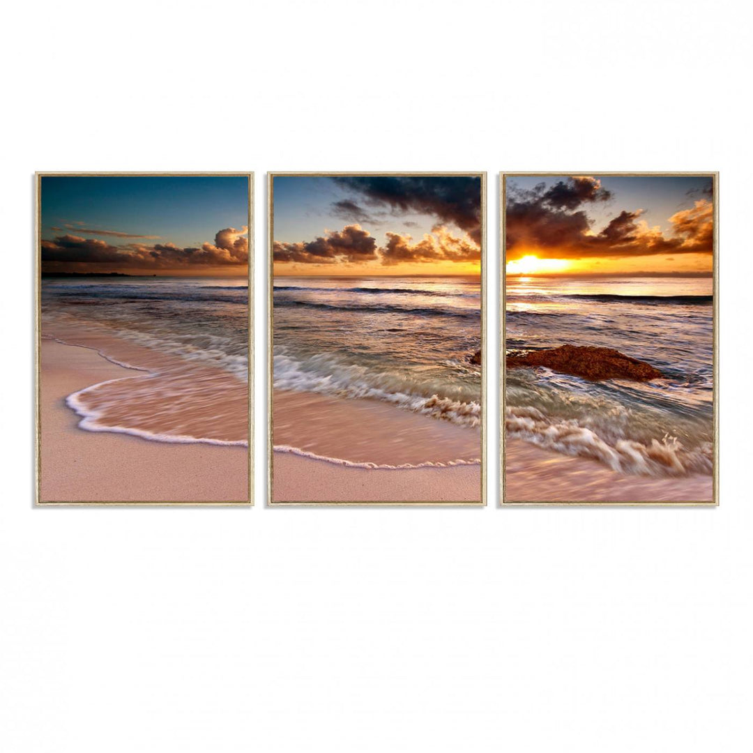 The Sunset on Ocean Wall Art Canvas Print beautifully captures a beach sunset, gentle waves, and a peaceful atmosphere.