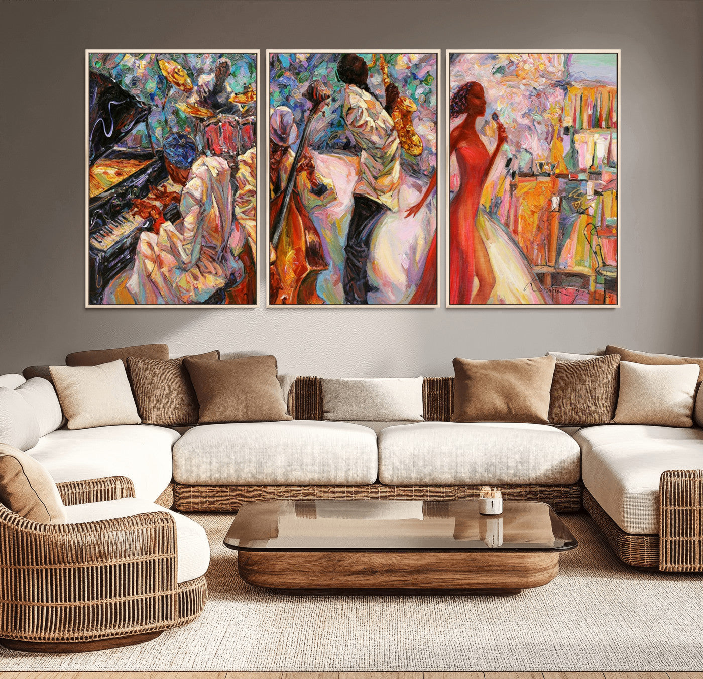 40574-MGV-FC-60X30-3P_Natural-Abstract Afro American Jazz Canvas Wall Art | Music-Inspired Painting for Dining Room, Living Room,