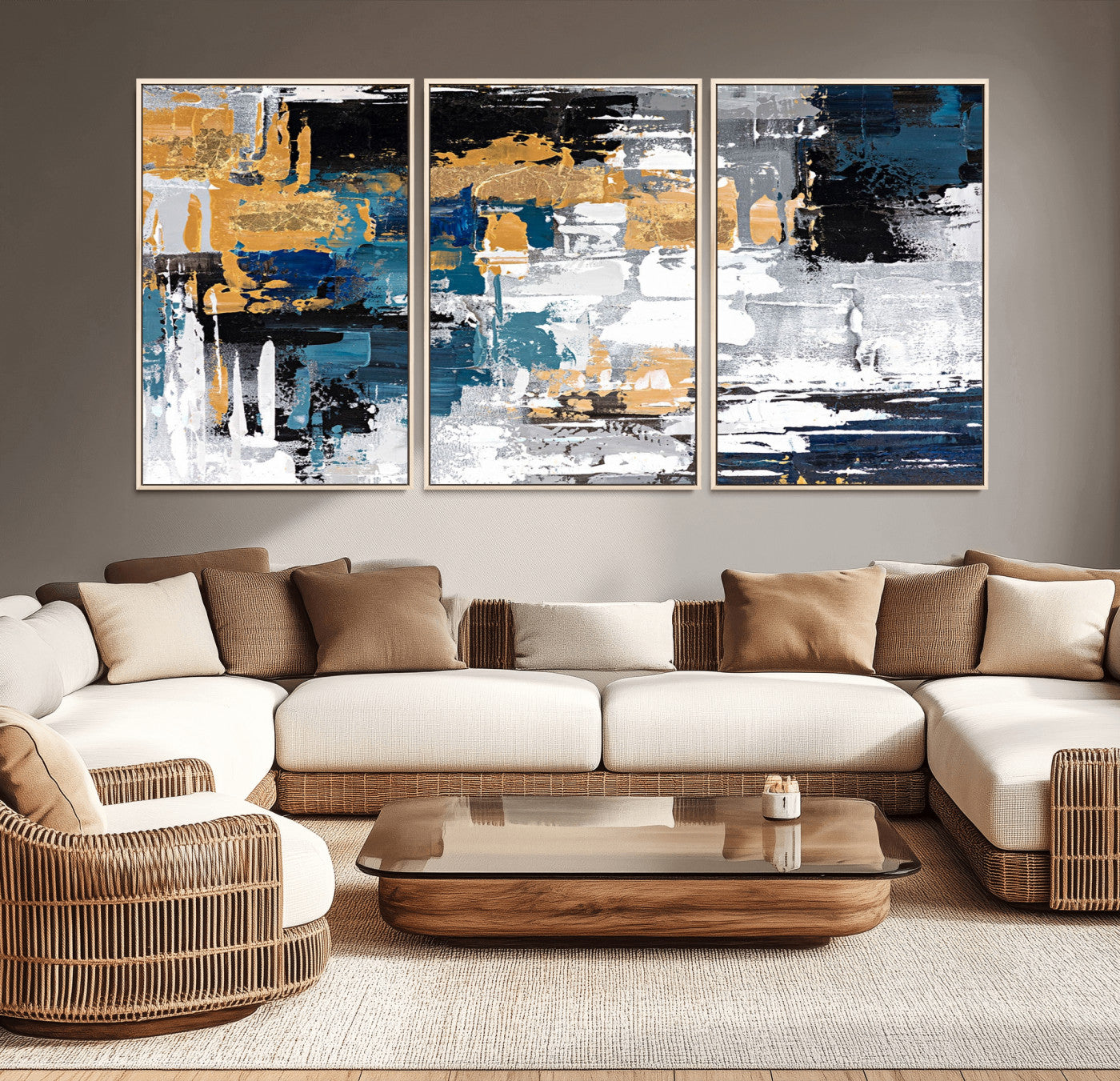-Blue and Gold Abstract Canvas Wall Art – Triptych Modern Painting for Living Room – Framed and Ready