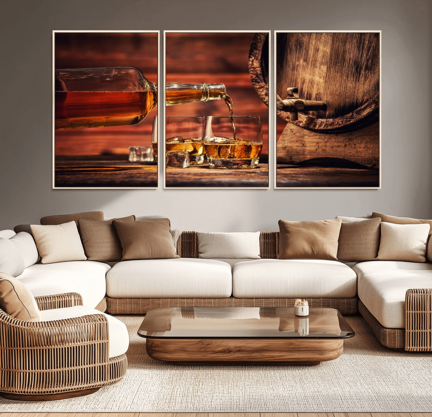 MGV-FC-60X30-3P - Whiskey and Cigar Canvas Wall Art | 3 Panel Bar Room Decor for Home Lounge, Office, or Man Cave |