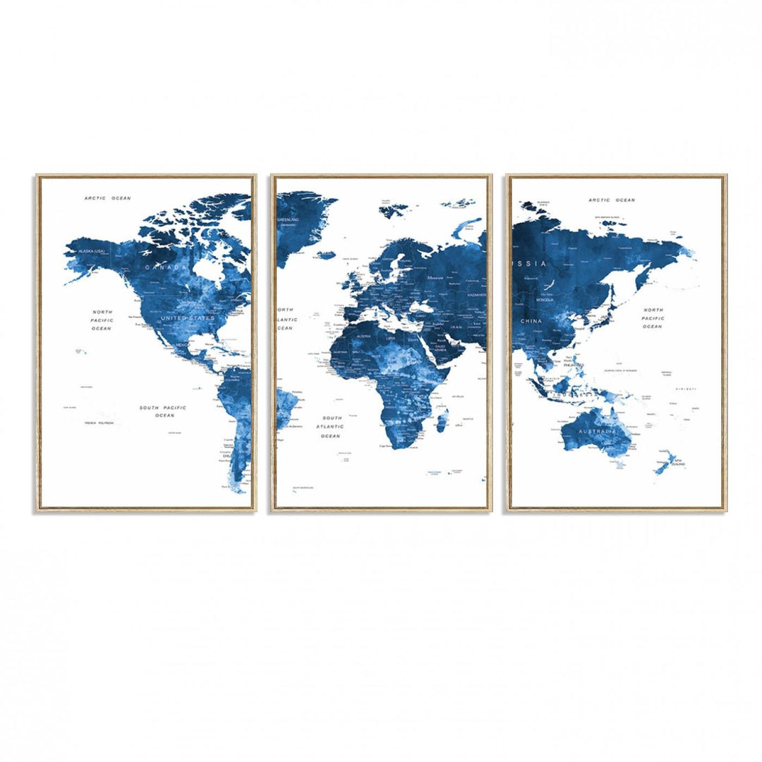 Navy Blue Wall Art World Map Canvas Print, an ideal piece for anyone seeking unique home or office decor.