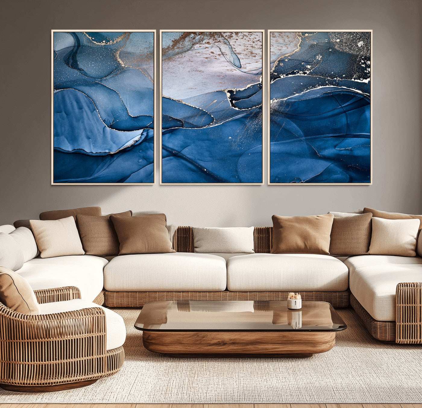 27810-MGV-CV-36X24-Navy Blue Canvas Art Abstract Print – Elegant Triptych Modern Art Print – Contemporary Decor for Living Room or Office