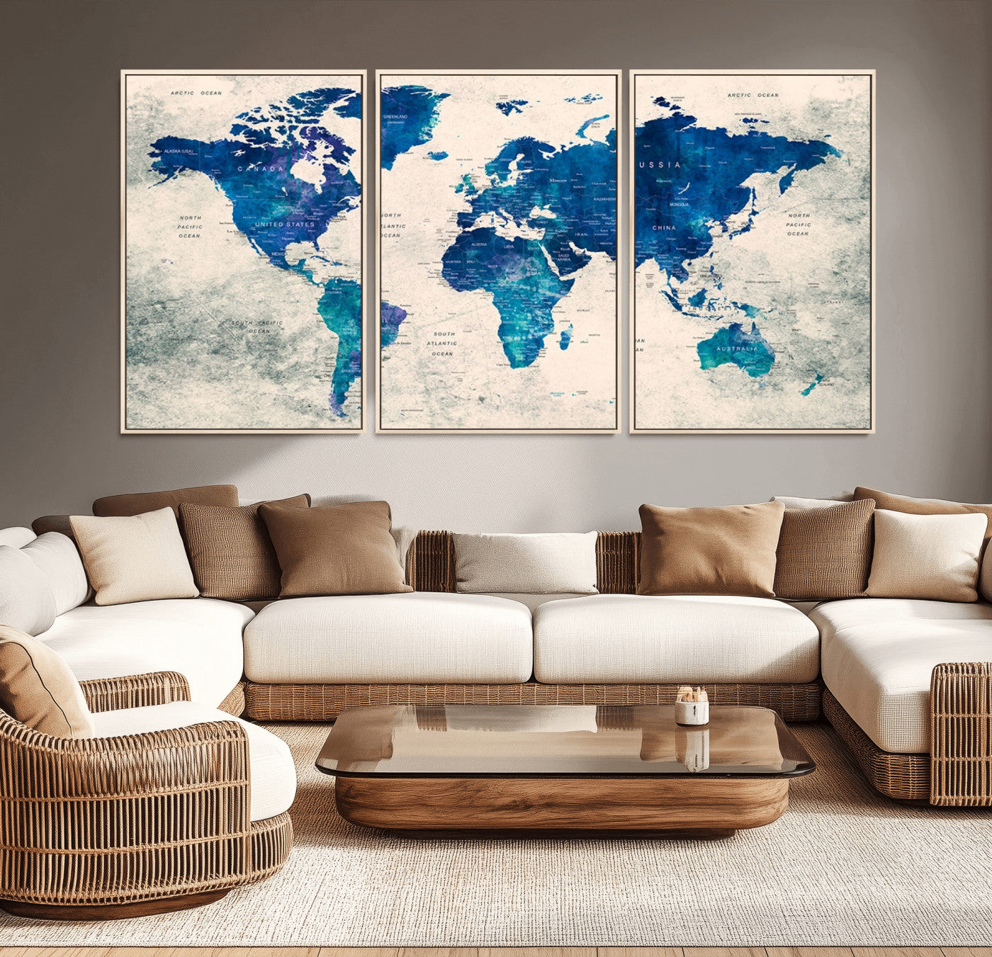 43947-MGV-CV-36X24-Blue Watercolor World Map Canvas Print – Framed Modern Wall Art, Elegant Push Pin Travel Map Decor for Home Office or Living Room