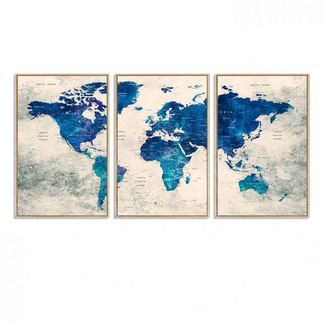 Navy Blue Push Pin World Map Canvas Print featuring a grunge-stained background, with labeled countries and oceans.