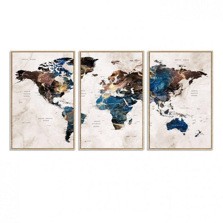 Abstract earth-toned 3-panel world map wall art featuring blues and browns, ready to hang; it showcases continents on modern canvas.