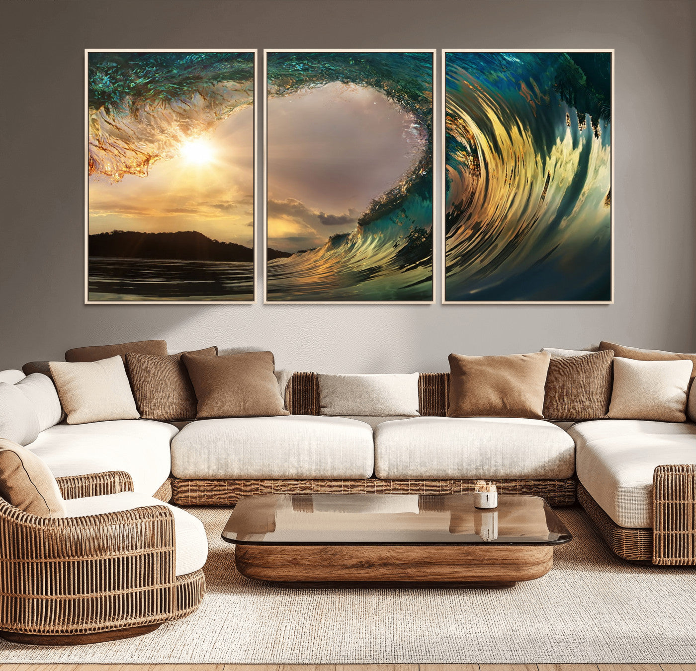 MGV-FC-60X30-3P - Golden Wave Sunset Giclee Canvas Print – Large Coastal Wall Art for Nature Lovers, Captivating Ocean Wave Decor