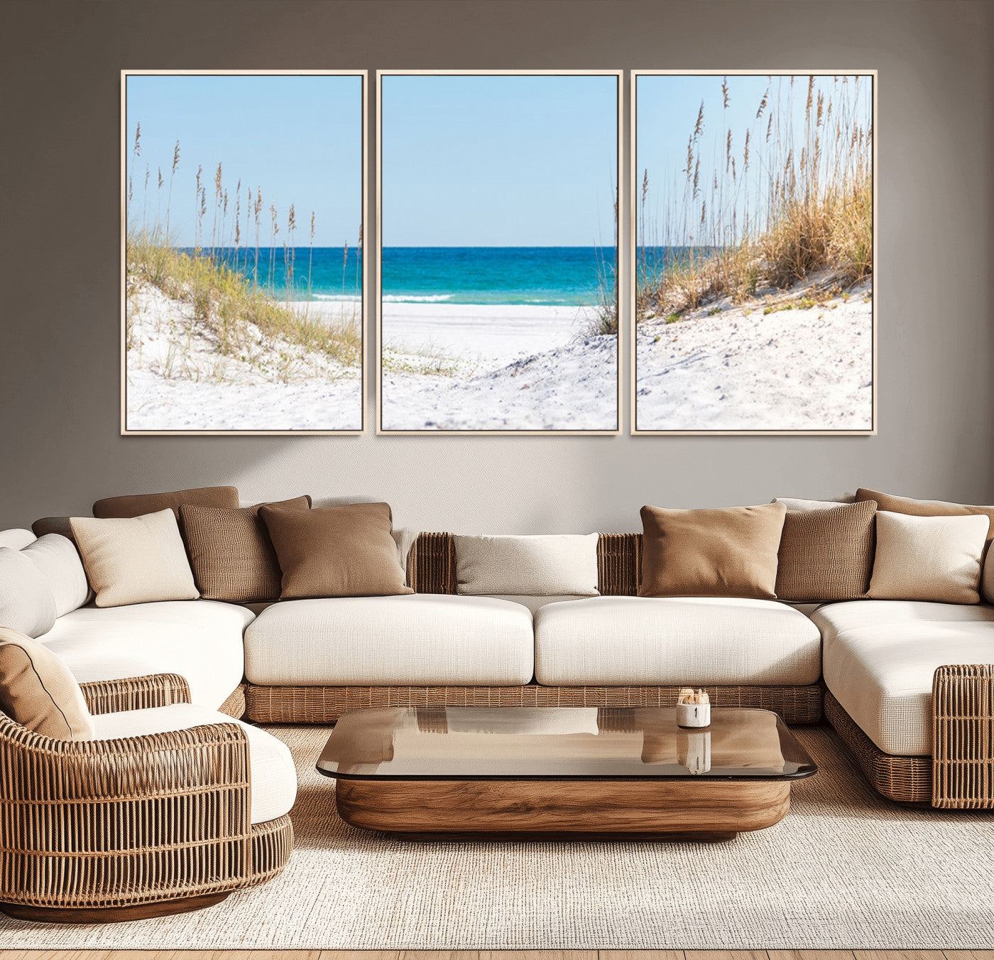58498-MGV-CV-36X24-Serene Coastal Dune Path with Ocean View, 3-Panel Beach Canvas Wall Art, Tranquil Seascape Giclee