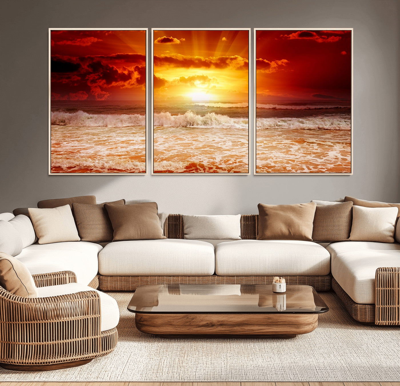 MGV-FC-60X30-3P - Red Sunset Ocean Beach Canvas Wall Art Beach Canvas, Coastal Sunset Print