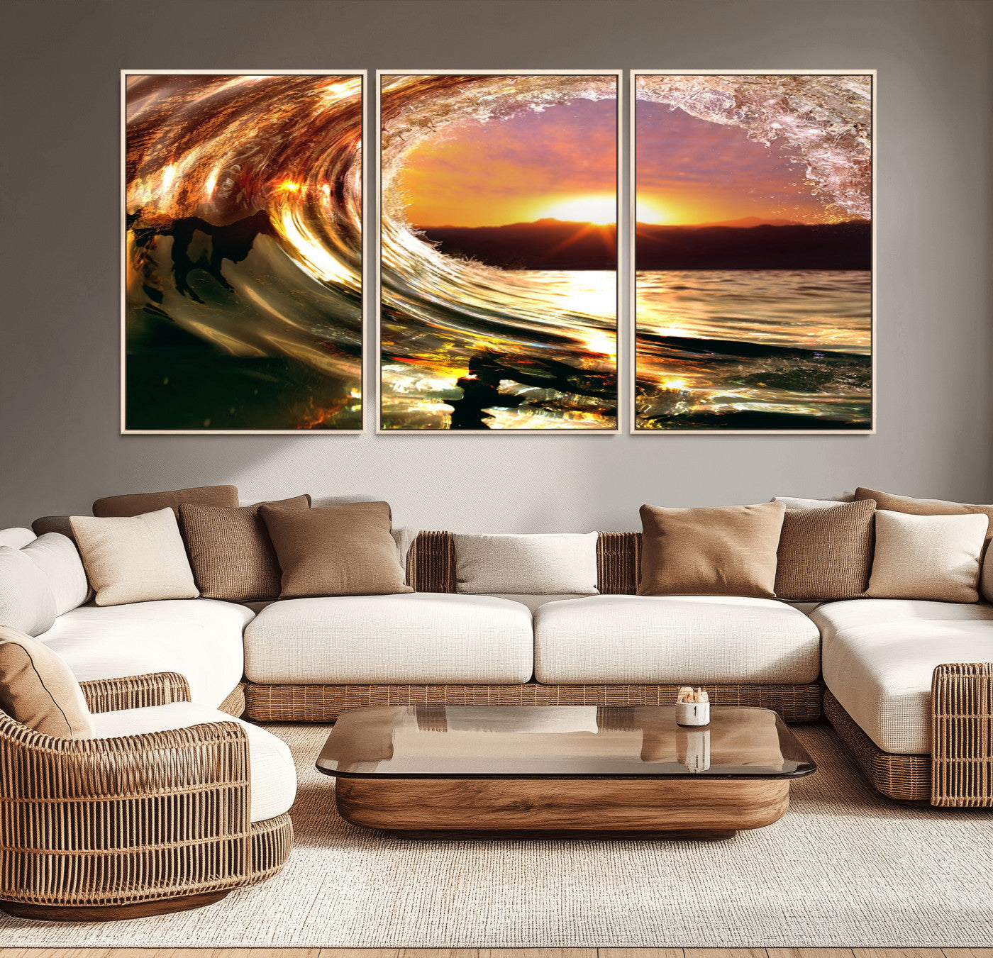 MGV-FC-60X30-3P - Golden Wave Sunset Triptych Canvas Art, Giclee Canvas Print of Ocean Wave and Sunset, Framed Ocean