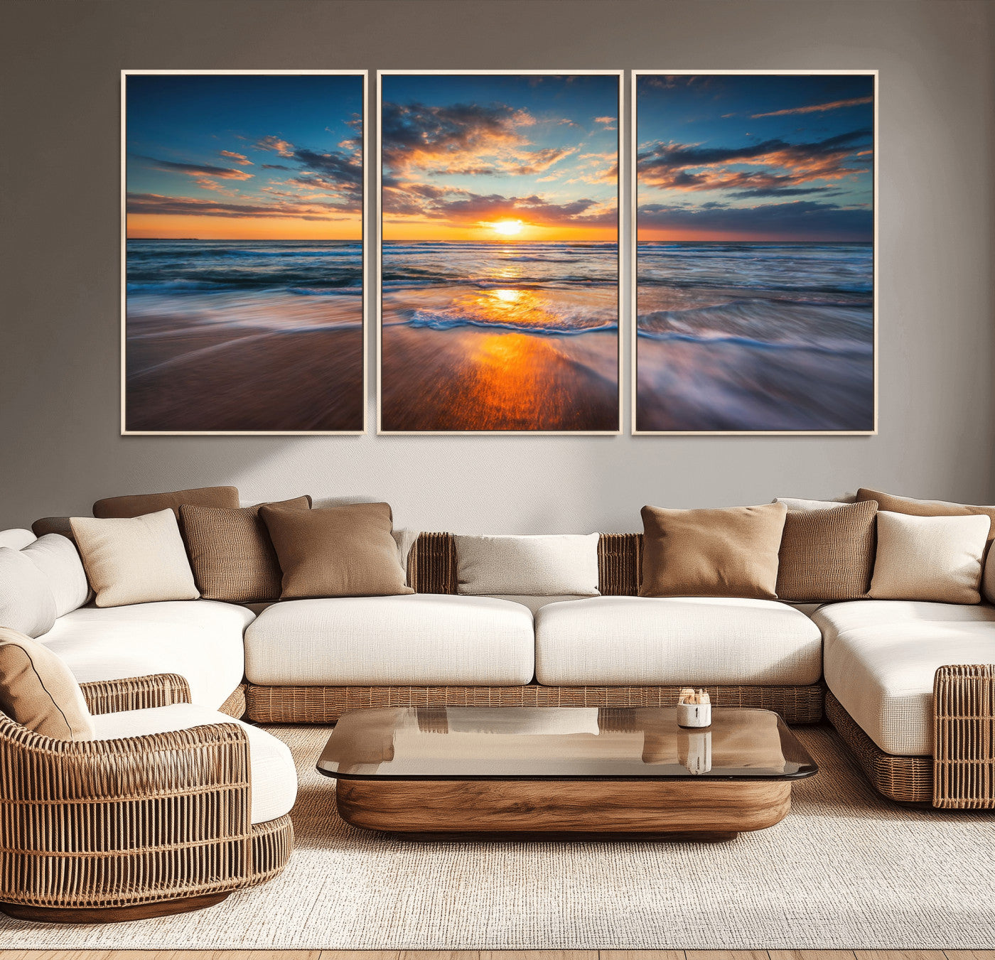 72719-MGV-CV-36X24-Sunset on the Ocean Beach with Waves, Reflections on Sand, Coastal Wall Art Print, Beach Wall Art,