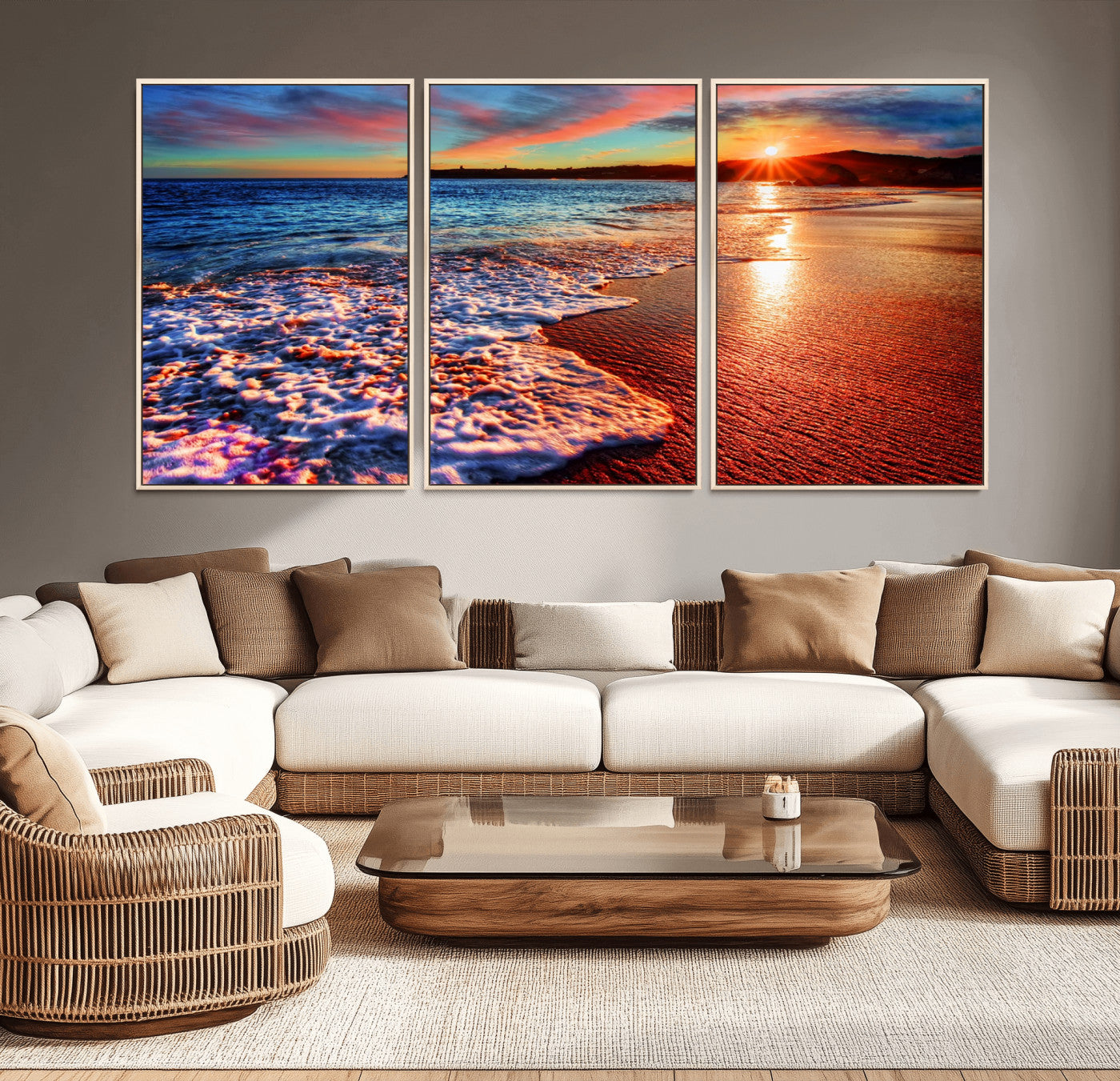 MGV-FC-60X30-3P - Colorful Coastal Sunset on the Beach Canvas Print, Ocean Waves Crashing at Dusk, Multi-Panel Seascape Vibrant Coastal Wall Art Canvas Print
