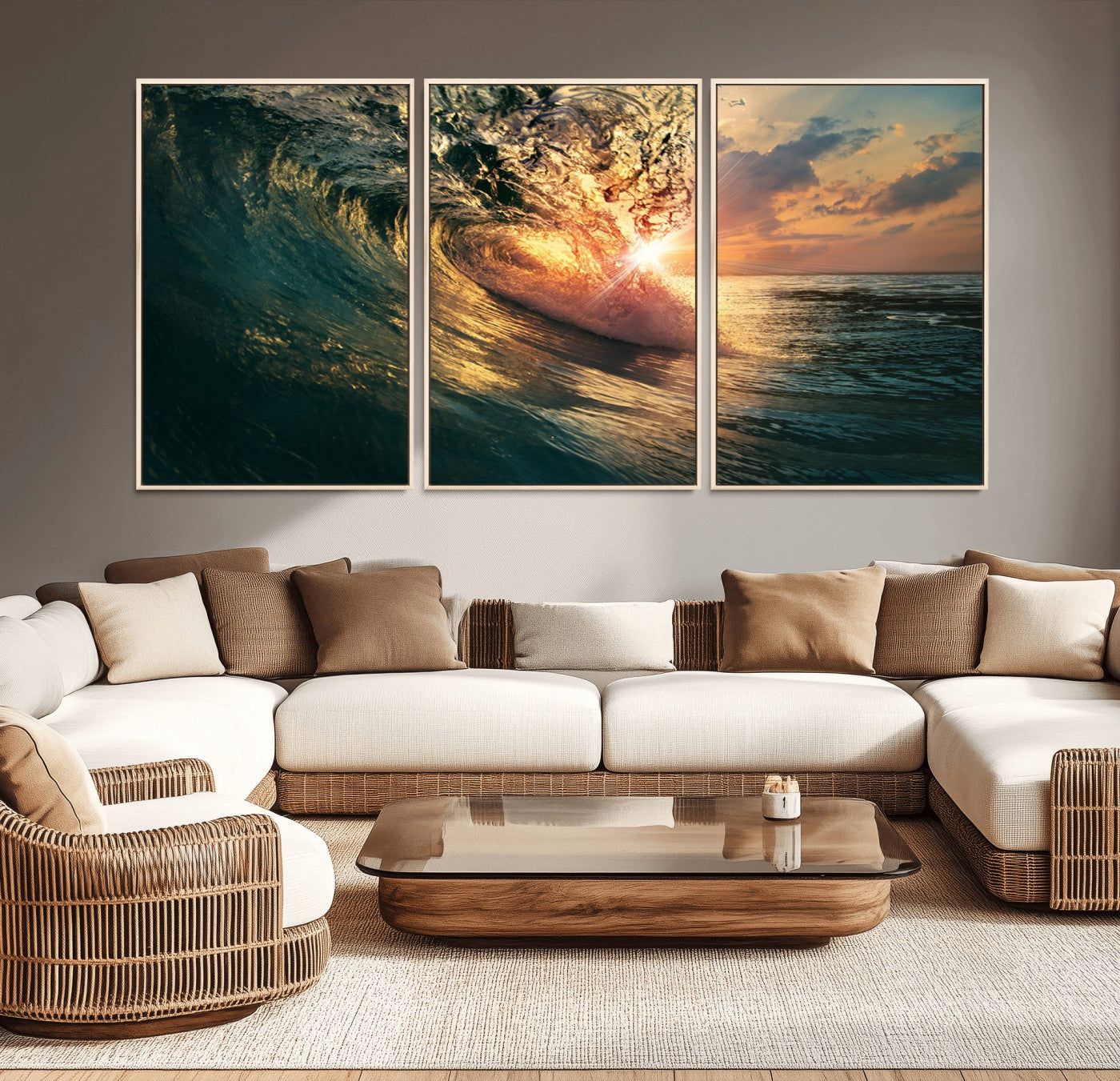 MGV-FC-60X30-3P - Ocean Wave Sunset Canvas Wall Art – Triptych Seascape Print – Framed and Ready to Hang for Living Room or Office