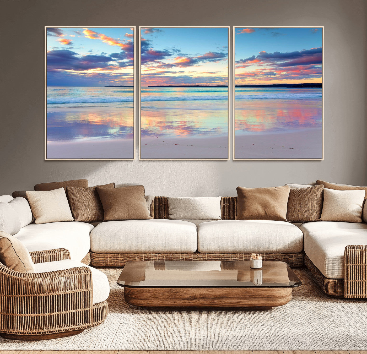 MGV-FC-60X30-3P - Tranquil Pastel Sunset Beach Triptych Canvas Art, Soothing Coastal Ocean Shoreline Giclee Print,