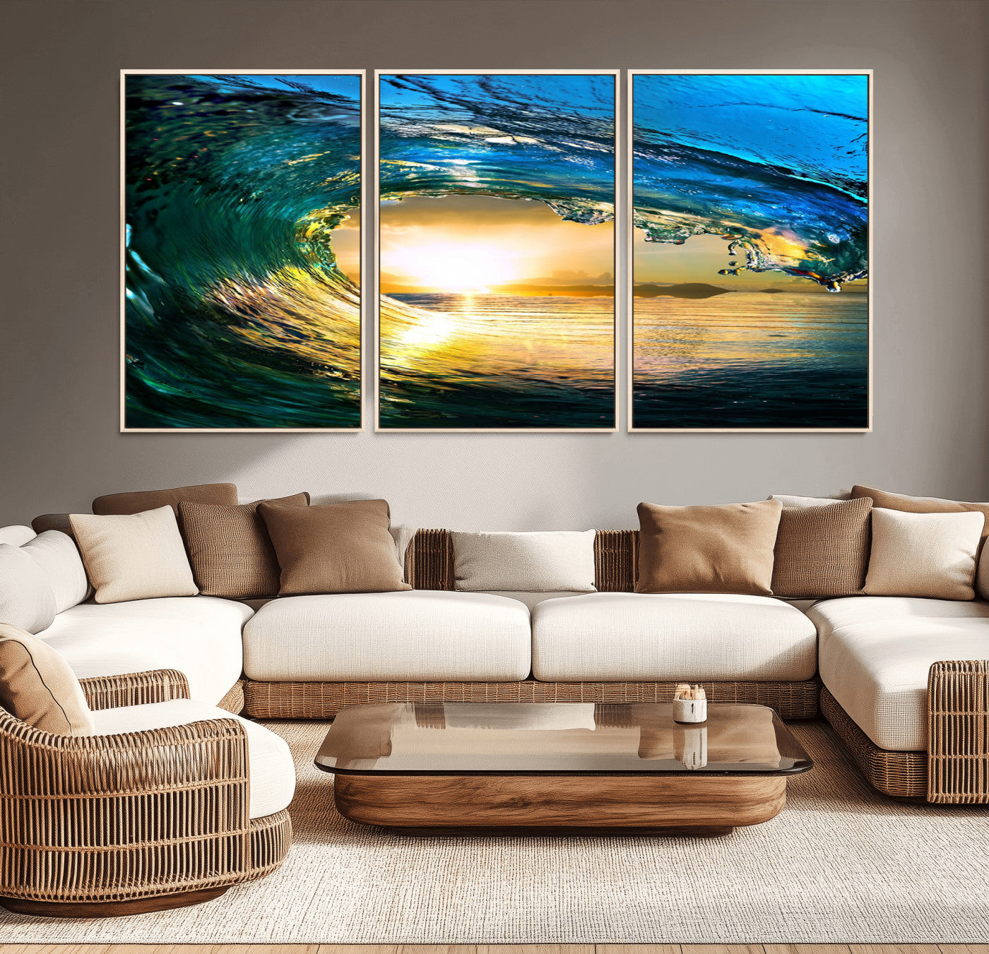 MGV-FC-60X30-3P - Ocean Wave at Sunset Canvas Art, Large Wall Print of Vibrant Water Waves, Coastal Art for Living Room and Dining Room