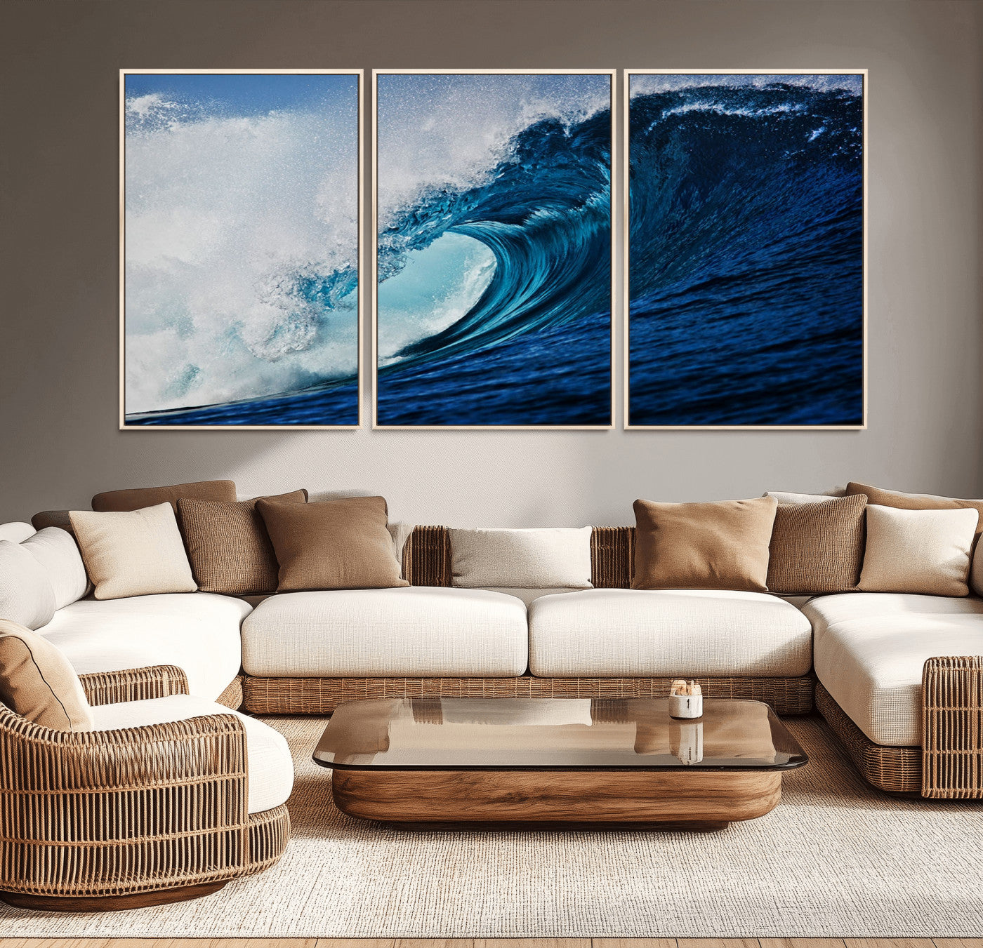 MGV-FC-60X30-3P - Ocean Wave at Sunset Canvas Art, Large Wall Print of Vibrant Water Waves, Coastal Art for Living