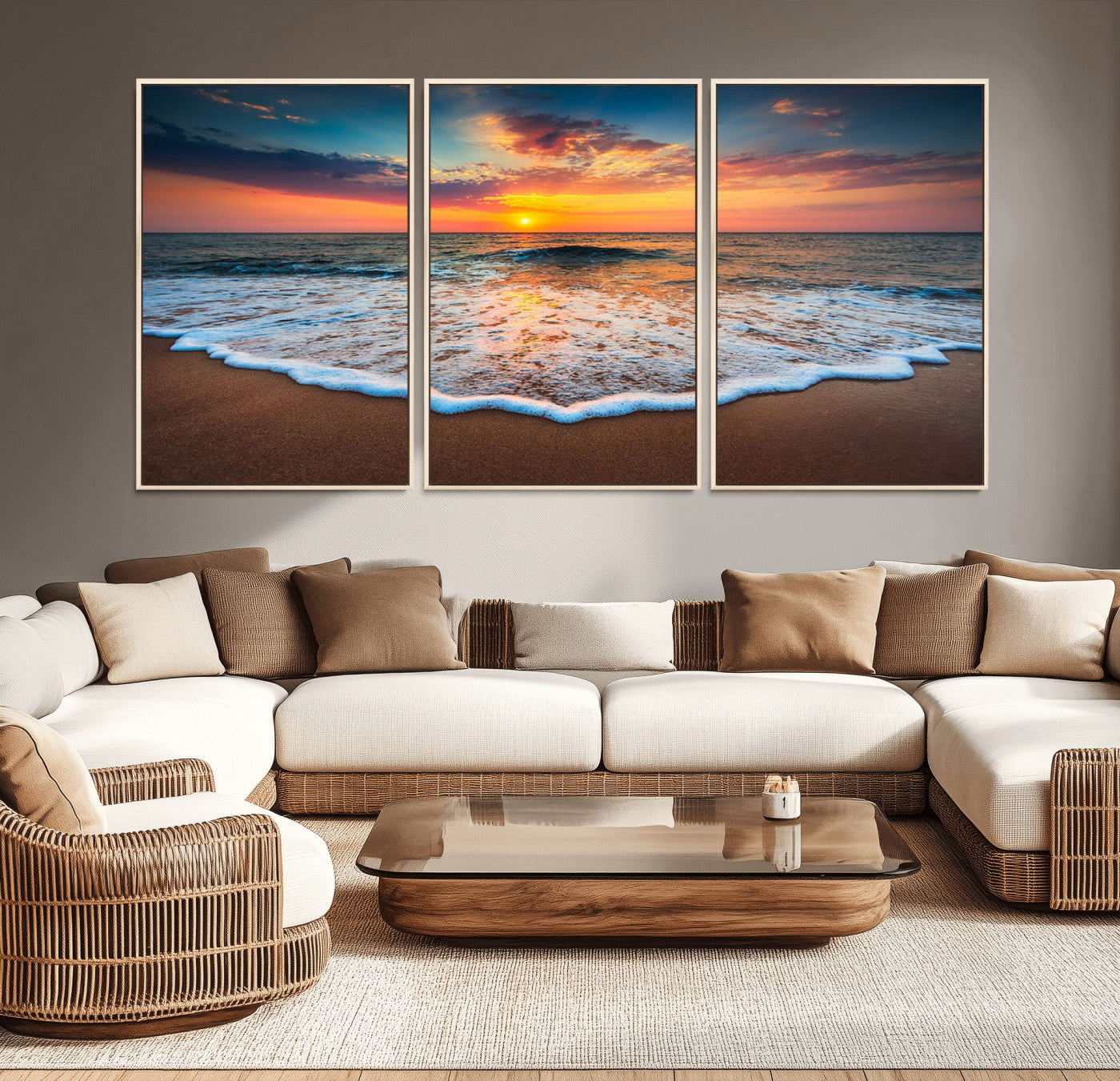 MGV-FC-60X30-3P - Sunset Beach Canvas Wall Art – Colorful Ocean Waves Triptych – Coastal Decor for Living Room or