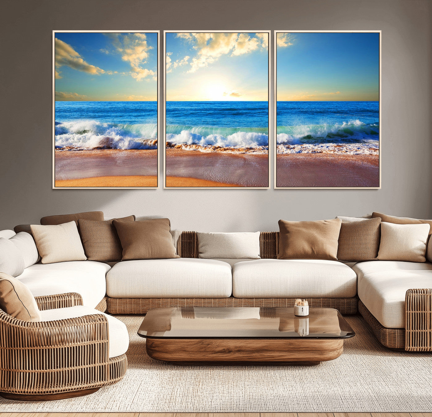 MGV-FC-60X30-3P - Tropical Beach Sunset Canvas Art, Ocean Waves and Sandy Shoreline Wall Art, Large Beach Decor for Coastal Homes