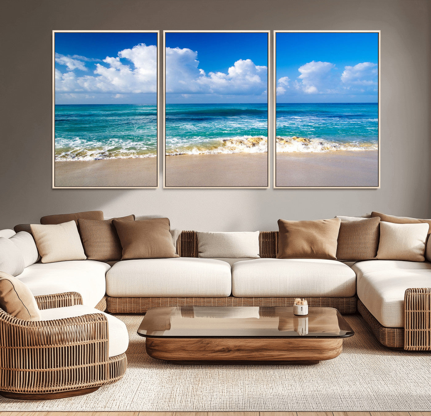 60364-MGV-CV-36X24-Tropical Beach 3-Panel Canvas Wall Art – Serene Ocean Waves and Blue Sky Wall Art Print