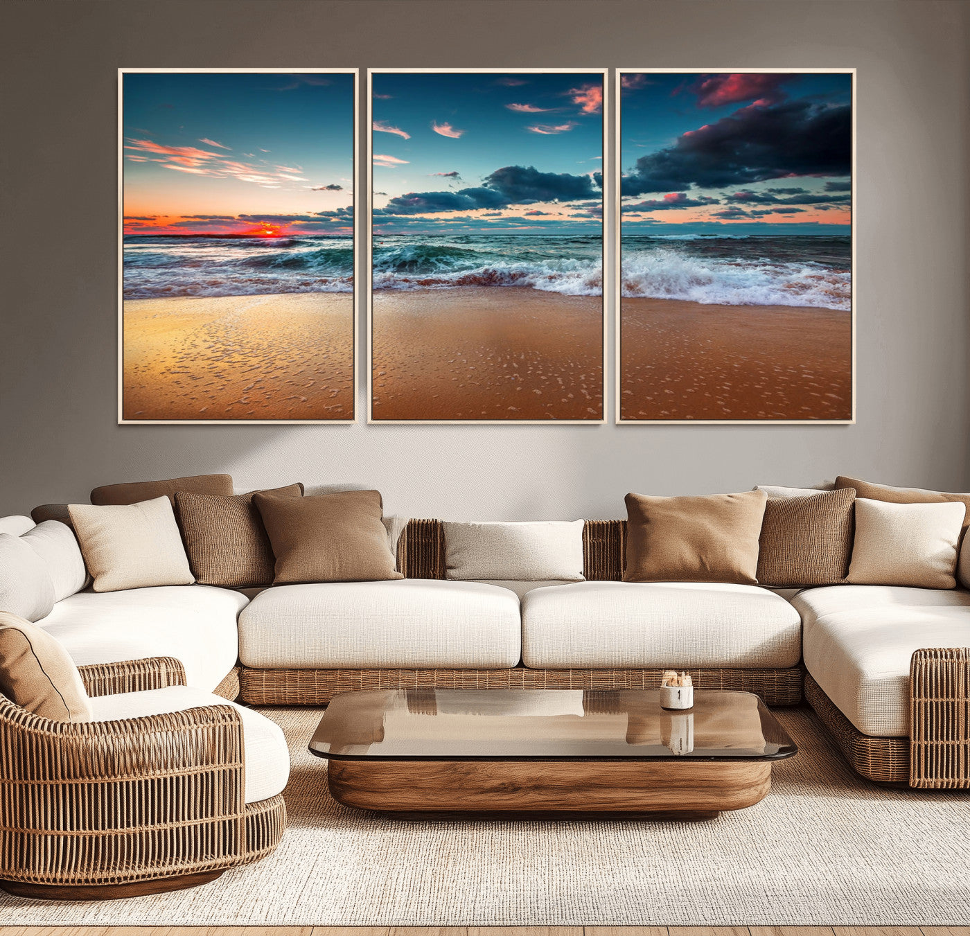 MGV-FC-60X30-3P - Sunset Ocean Beach Wall Art – Giclee Canvas Print, Coastal Seascape, Ready to Hang, Beach Decor, Large 3-Panel Set for Living Room