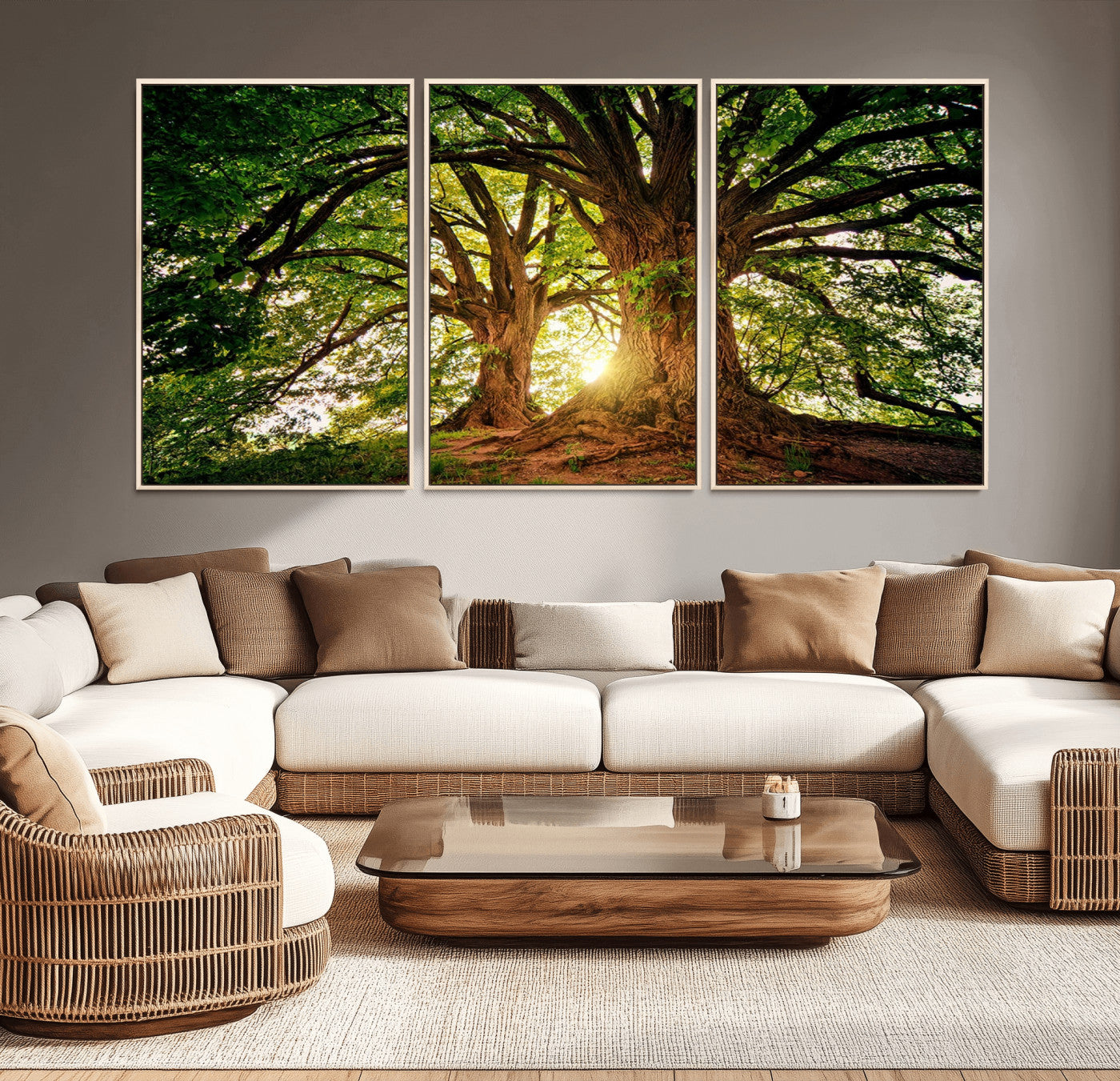 MGV-FC-60X30-3P - Majestic Ancient Tree Wall Art, NatureCanvas Print, Woodland Art, Tree of Life Artwork, Sunlit