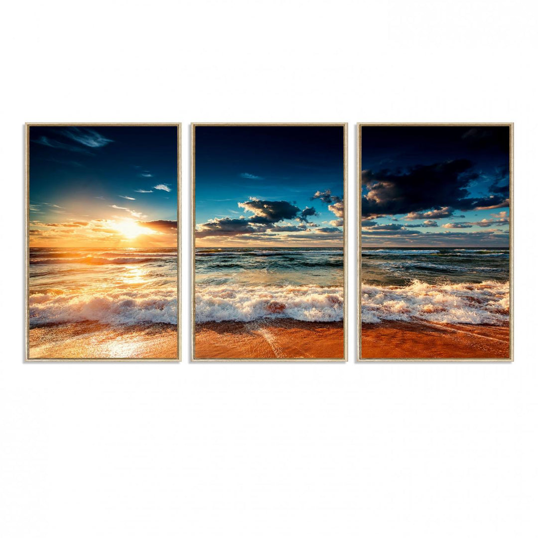 Golden Hour Sunset Over Ocean Waves Canvas: 3-Panel Coastal Landscape Art with Stunning Beach Photography Print.