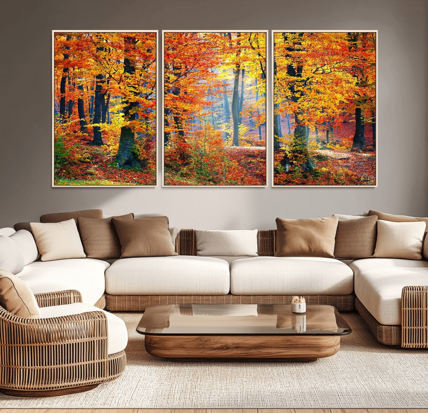 MGV-FC-60X30-3P - Autumn Red Forest Triptych Canvas Wall Art Print, Forest Wall Decor, Fall Landscape Art | Season