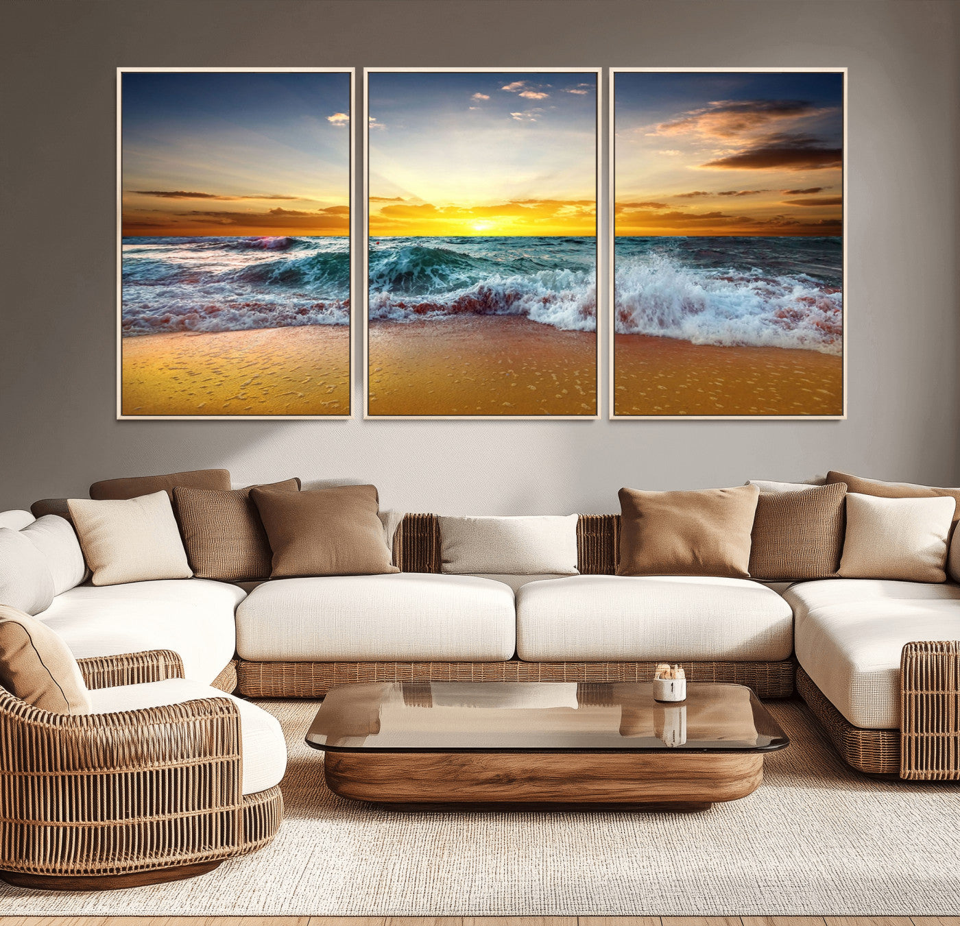 MGV-FC-60X30-3P - Golden Sunset Ocean Waves Wall Art Canvas Print – Multi Panel Beach Canvas Print Set – Large Coastal Triptych Print for Home or Farmhouse Decor