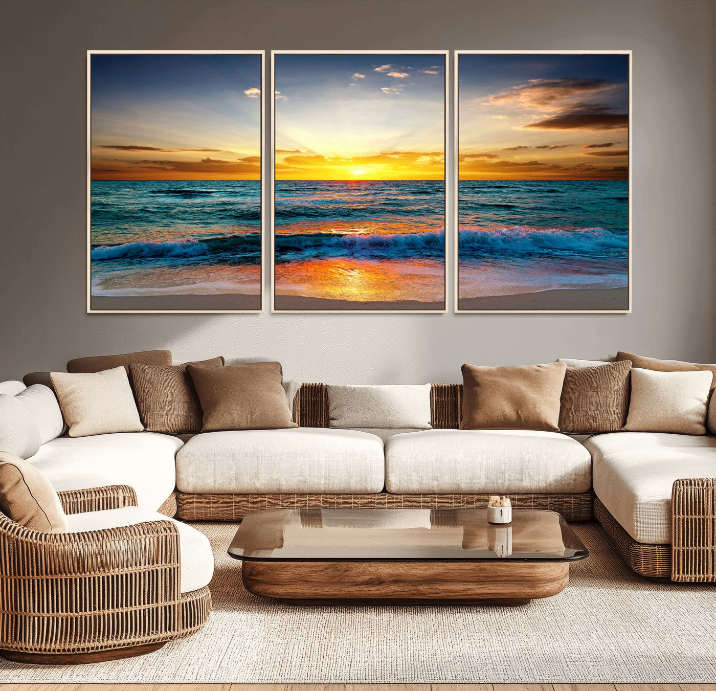 -Vibrant Ocean Sunrise Over Golden Beach Waves, Giclee Canvas Wall Art Set, High-Quality Stretched