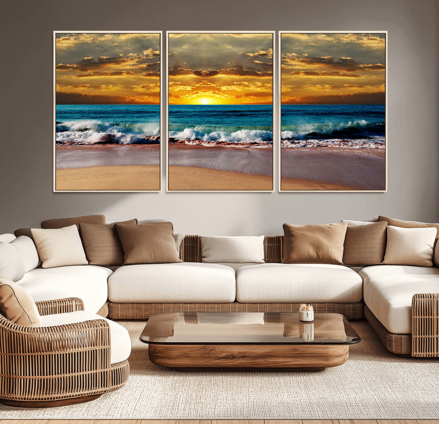 MGV-FC-60X30-3P - Ocean Sunrise Over Golden Beach Waves, Giclee Canvas Wall Art Set, High-Quality Stretched Canvas Print, Ready to Hang Coastal Sunset Wall Decor