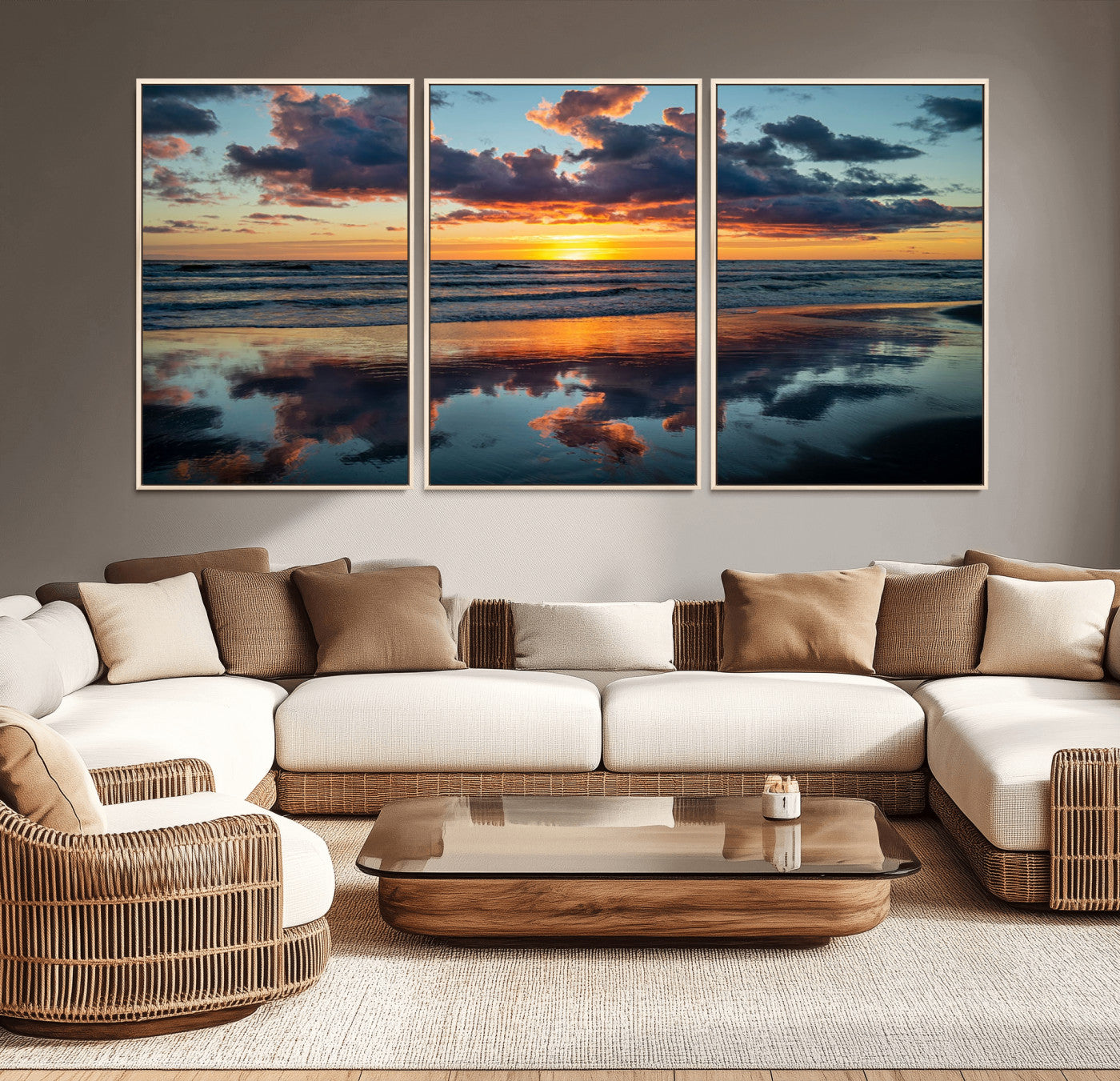 MGV-FC-60X30-3P - Beach Sunset Print - Stunning Ocean Canvas Artwork with Sunset Reflection Design for Elegant Home or