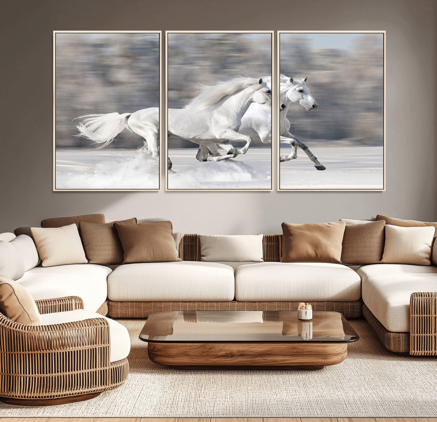 MGV-FC-60X30-3P - The White Horses Wall Art, Framed White Horses Wall Art Canvas Print