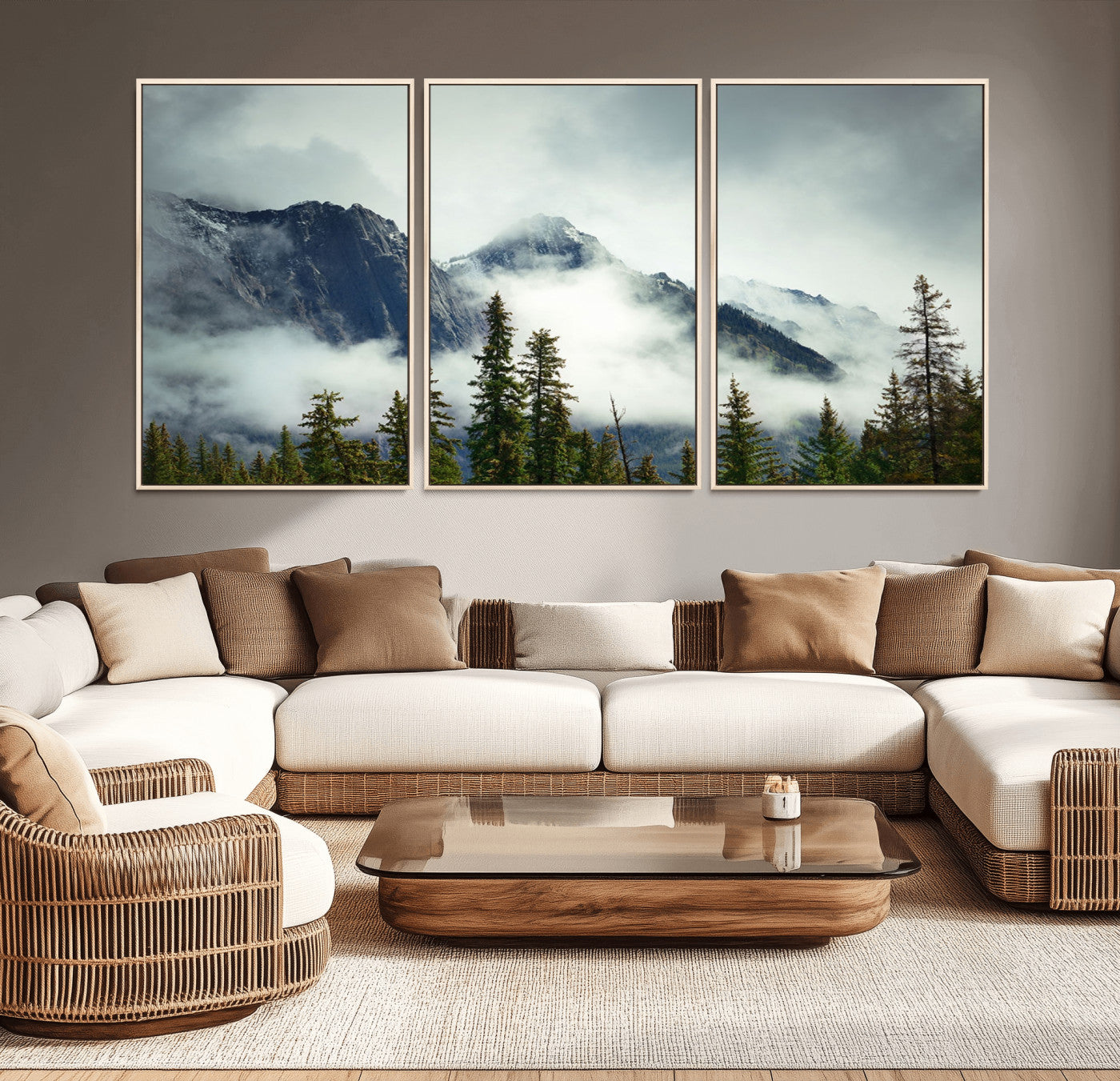 MGV-FC-60X30-3P - Mountain Mist Canvas Wall Art | 3-Panel Foggy Forest and Mountain Landscape | Large Giclee Print for Living Room, Office, or Cabin, Farmhouse Decor