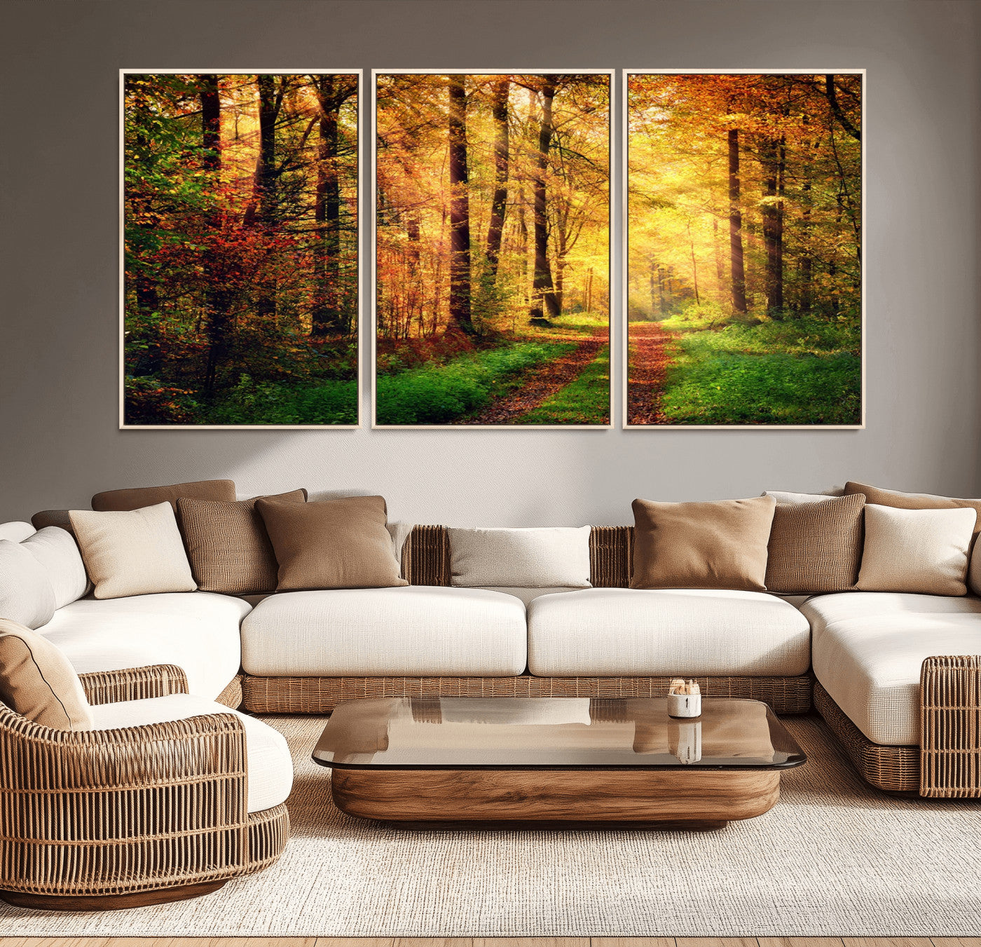 MGV-FC-60X30-3P - Sunlight Through Trees Wall Art Canvas Print - Autumn Forest Wall Art Canvas Print
