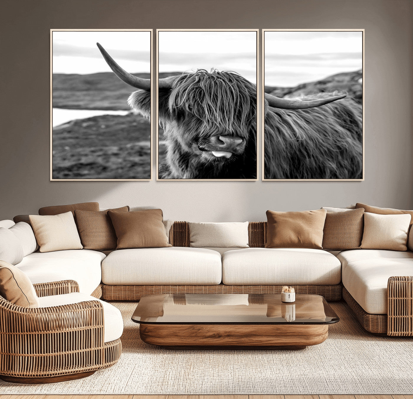 MGV-FC-60X30-3P - Longhorn Steer Canvas Print Wall Art, Highland Cow Canvas Wall Art – Black and White Animal Portrait