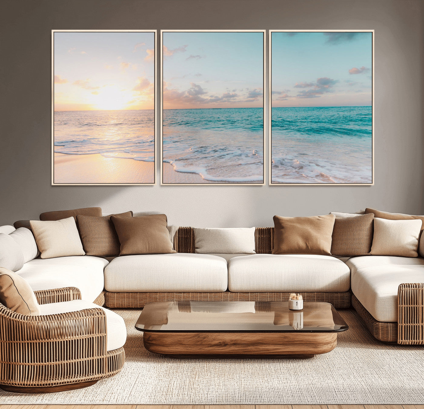 MGV-FC-60X30-3P - Tranquil Ocean Beach Sunset Canvas Wall Art | 3-Panel Coastal Decor