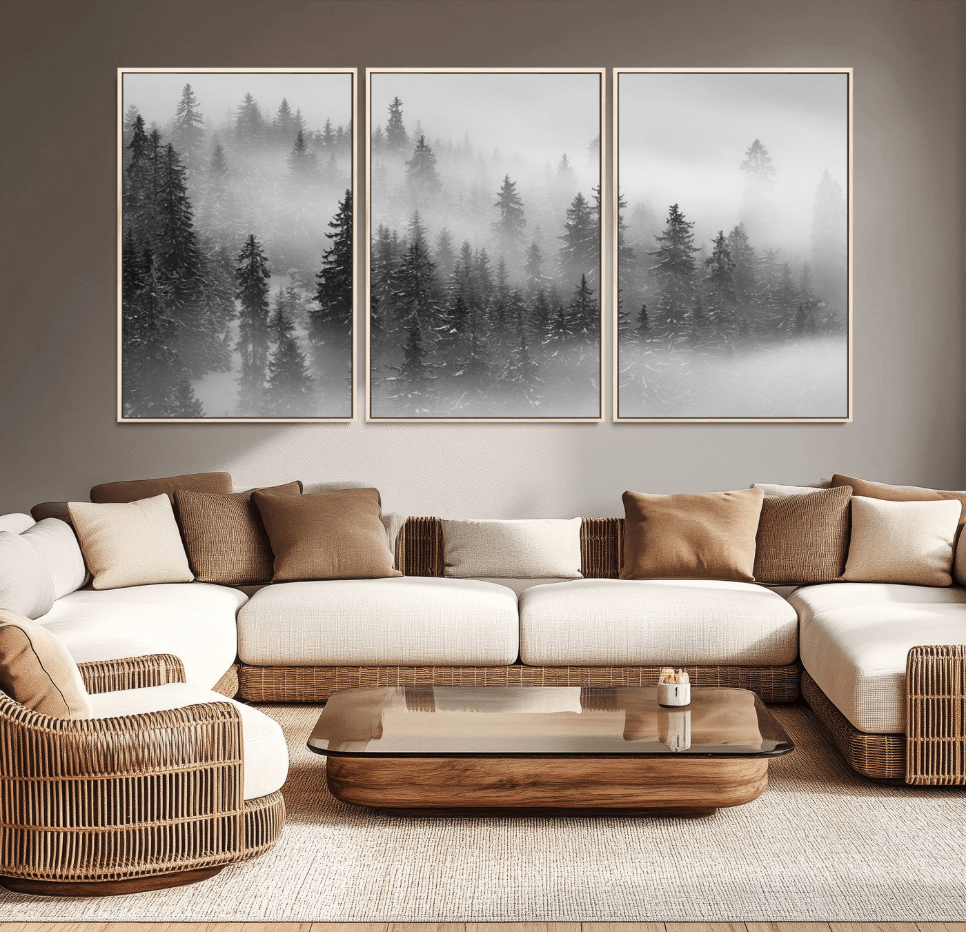 MGV-FC-60X30-3P - Foggy Misty Forest Canvas Wall Art – Black and White Landscape – Framed and Ready to Hang Modern