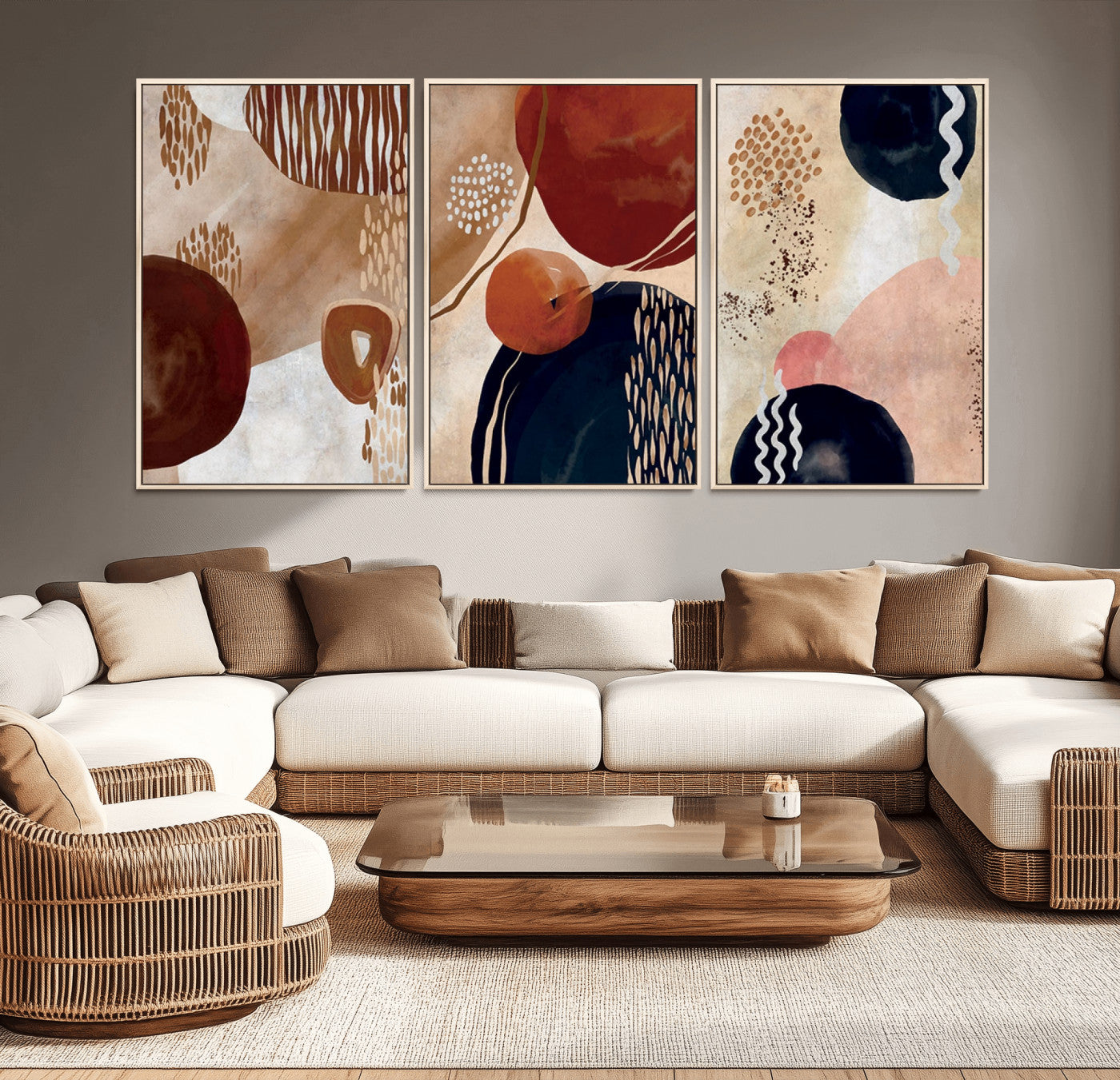 MGV-FC-60X30-3P - Boho Wall Art Canvas Print Set Mid-Century Prints Bohemian Wall Artwork Prints Boho Neutral