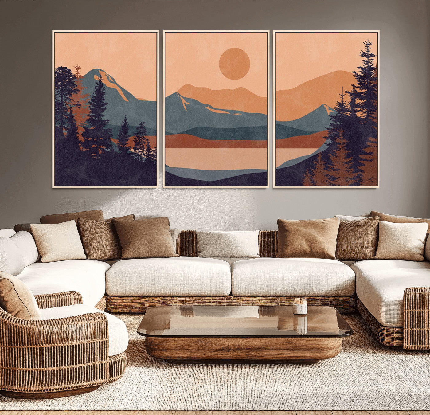 MGV-FC-60X30-3P - Modern Boho Sunset Canvas Print, Mountain Landscape Triptych – Giclée Canvas Art Print for Living