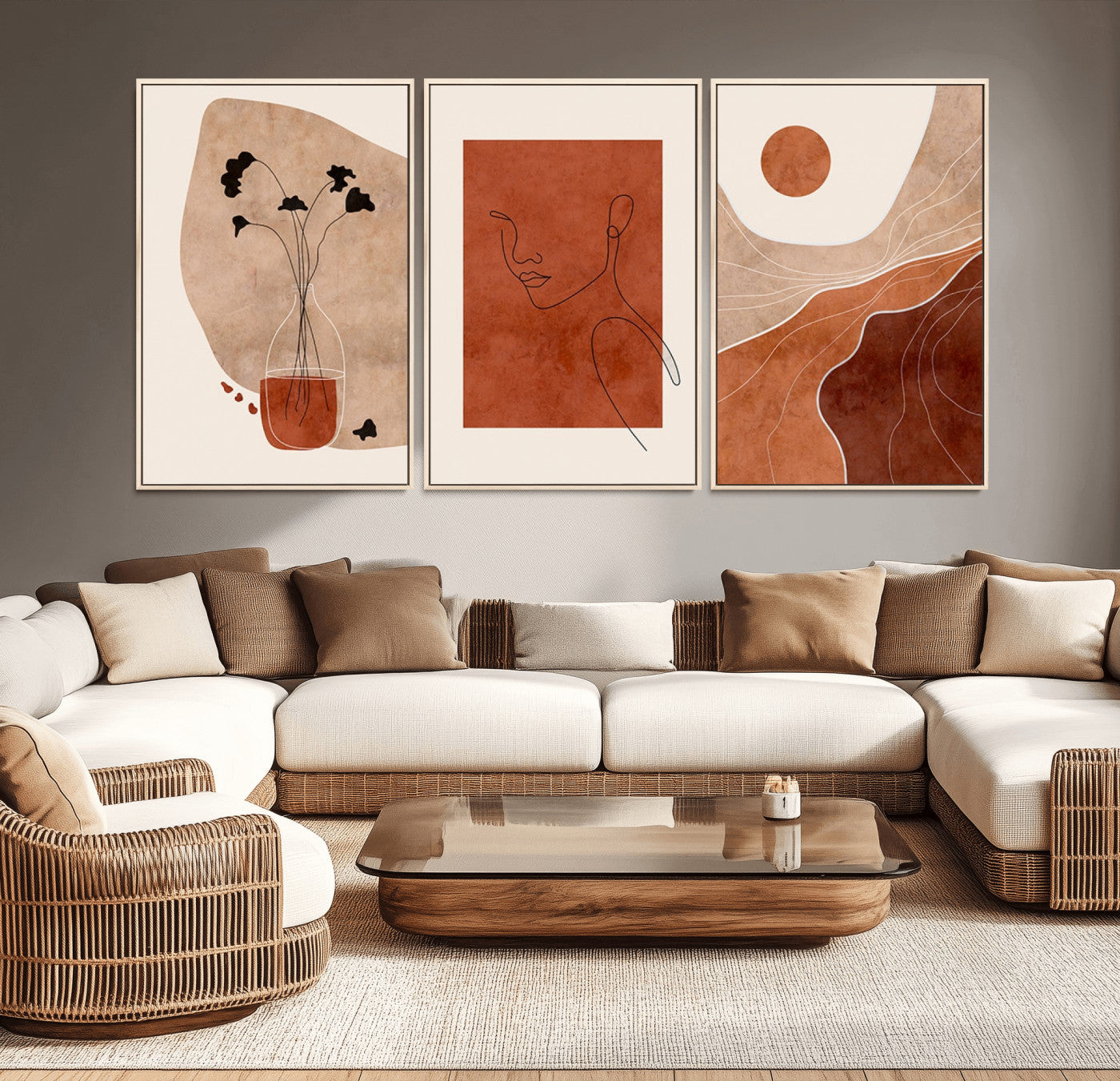 MGV-FC-60X30-3P - Boho Sunset Mountain Canvas Print, Modern Boho Sunset Mountain Landscape Triptych – Giclée Canvas