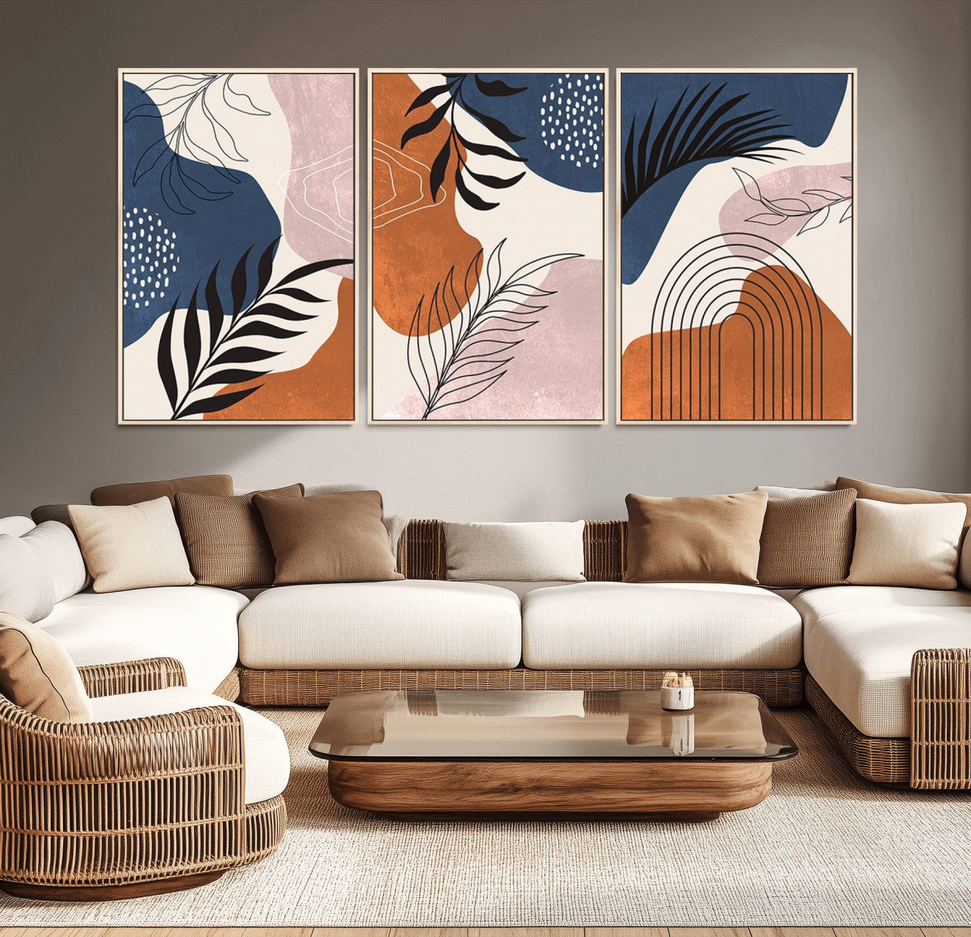 MGV-FC-60X30-3P - Boho Wall Art Canvas Print Set Mid-Century Prints Bohemian Wall Artwork Prints Boho Neutral,